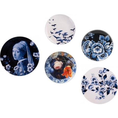 Wandbord - Set van 5 - Incl. ophangmateriaal - Meisje met de Parel - Gouden Eeuw - Delfts blauw - Bloesem - Wanddecoratie - Muurdecoratie - Johannes Vermeer - Wandborden Rond - Sierborden voor aan de muur - Wandbord porselein