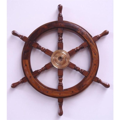 62 x 62 cm - Wanddecoratie - Houden stuurwiel schip - Houten roer van een oud schip