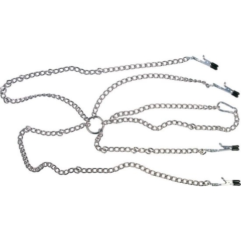 Sextreme – Metalen Schakel Harnas met 4 Klemmen voor Tepels en Schaamlippen  – Zilver