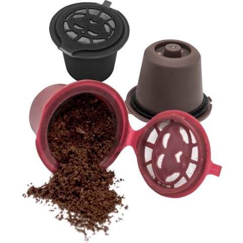 NERTHUS Nespresso Hervulbare capsules , Herbruikbare  Koffiecups , 3 stuks , Incl. schep en borstel, BPA vrij