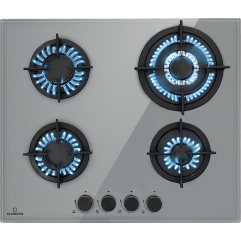 Klarstein Firetale Gaskookplaat - 4-Pits - Zelfvoorzienend - 60 Cm - Inbouw - Aluminium Branders - Aardgas/Propaangas - Veiligheidsventiel - Automatische Uitschakeling - Gietijzeren Pannendrager - Incl. Slang En Drukregelaar - Praktisch - Grijs