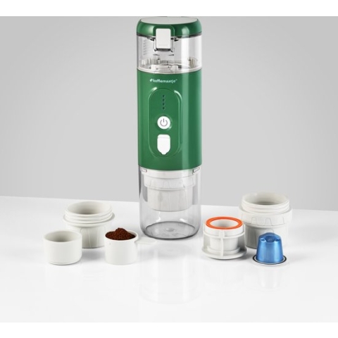 Koffiemaatje® XL | 125 ml | Compacte Draagbare Koffiemachine | Espressomachine | Groen | Portable | Reizen | Onderweg | Elektrisch | Oplaadbaar | Snoerloos | Volautomatisch | Koffiecups | Filterkoffie | 12V | Verwarmingselement