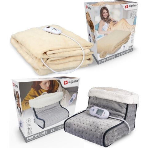 alpina Elektrische Deken en Voetenwarmer - Set voor Koude Dagen - 1 Persoons-Verwarmingsdeken - Instelbare Temperatuur - Timer - Automatisch Uitschakelen - Fleece - Wit/Créme