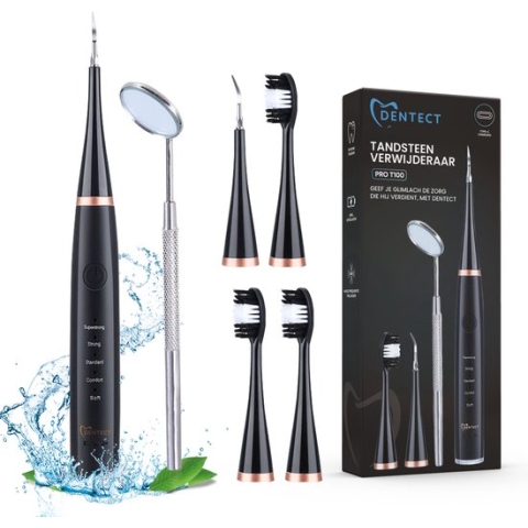 Tandsteen verwijderaar elektrisch Dentect – tandenborstel opzetstukken - tandarts spiegel - 5 standen - Zwart