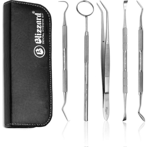 Mondhygiëne 5-Delige Set Tandartsinstrumenten met Mondspiegel, Pincet, Sickle Scaler, Tandsteenverwijderaar en Dubbel-Uiteinde Probe met Tandartshaak