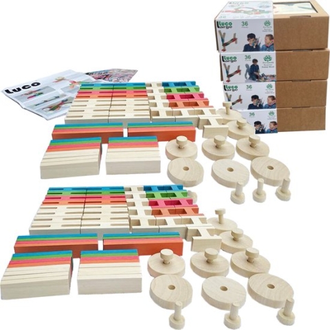 Luco Large ECO Blokken en plankjes. Met verbindingsstukken en wielen, past op KAPLA, Bblocks. Duurzame constructieset hout. 144 elementen.