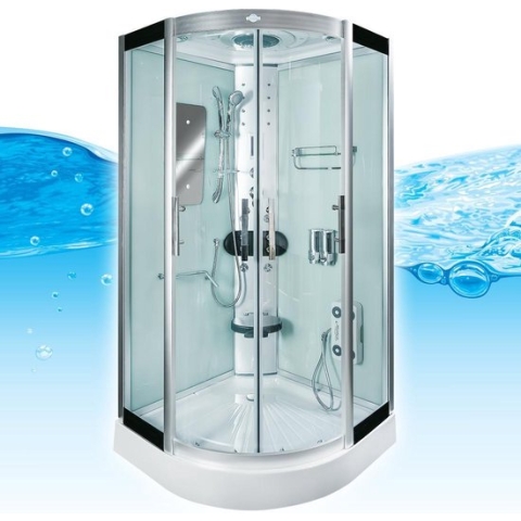 Stoomcabine 90X90X215 Palma. Luxe Stoomdouche, MENGKRAAN Uitvoering, Kit-Vrij, Wit, Veiligheidsglas, LED, Radio, Speakers, Zitje, Massage, Hoekmodel, Kwartrond, Schuifdeuren, Douchebak, Afvoer, Sifon, A Kwaliteit, Full Options. Royal Sanitair