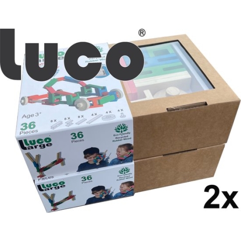 Luco Large ECO Blokken en plankjes. Met verbindingsstukken en wielen, past op KAPLA, Bblocks. Duurzame constructieset hout. 72 elementen.