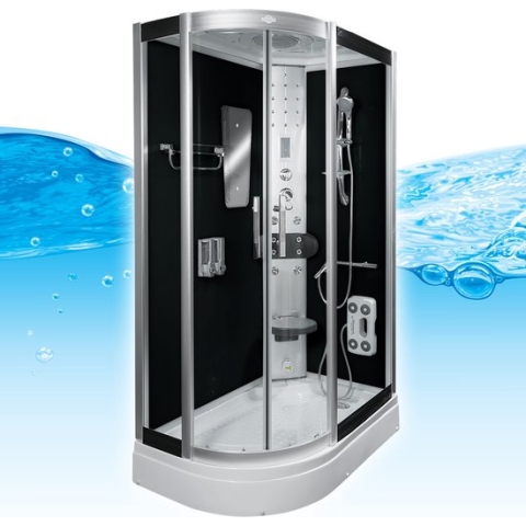 Stoomcabine 120X80X215 Fiona. Luxe Stoomdouche, MENGKRAAN, LINKS, Kit-Vrij, Zwart, Veiligheidsglas, LED, Radio, Speakers, Zitje, Massage, Hoekmodel, Kwartrond, Schuifdeuren, Douchebak, Afvoer, Sifon, A Kwaliteit, Full Options. Royal Sanitair