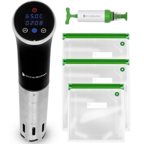 KitchenBrothers Sous Vide Stick - Complete Set - met Kookboek - tot 95°C - 1200W - Zwart/RVS
