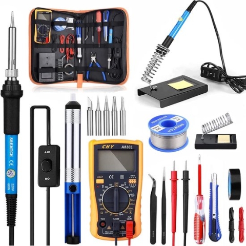 Soldeerbout Set, SREMTCH 80W Soldeerbout met LCD-scherm, 15in1 Soldeerset met AAN/UIT-Schakelaar (200 ° C - 450 ° C), Instelbare Temperatuurknop, 5 Soldeerpunten, Pro Elektrische Reparaties, 220V