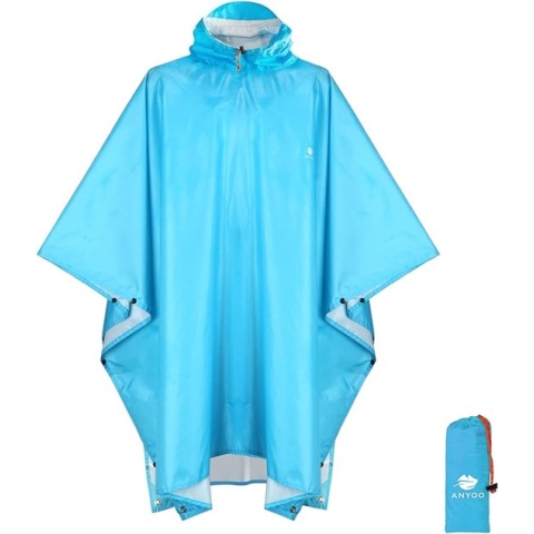 Lichte waterdichte regenjas poncho, herbruikbaar, ripstop, ademende multifunctionele regenjas met capuchon, opvouwbare beschermhoes, onderkant, ideaal voor buiten, camping, wandelen, vissen, lichtblauw.