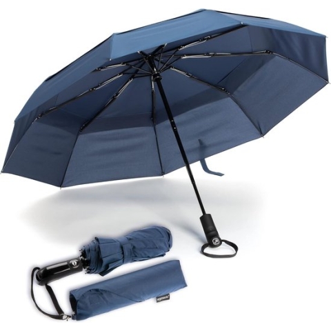 Winddichte, geventileerde reisparaplu met dubbele luifel - Teflon-coating, ergonomische handgreep en beschermhoes. Draagbaar, compact, opvouwbaar en lichtgewicht (marineblauw)