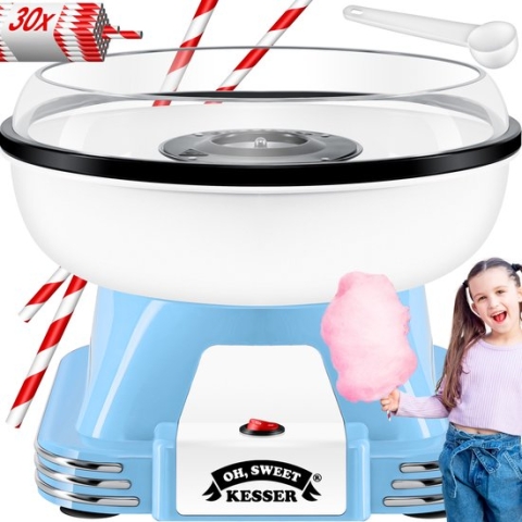 KESSER® Suikerspinmachine Set voor thuis - Met 30x Suikerspinstaafjes & Maatschep - Retro Suikerspinmachine - Suikerspinmachine Met Accessoires - Hoogte 22 cm - 500 W - Blauw / Wit