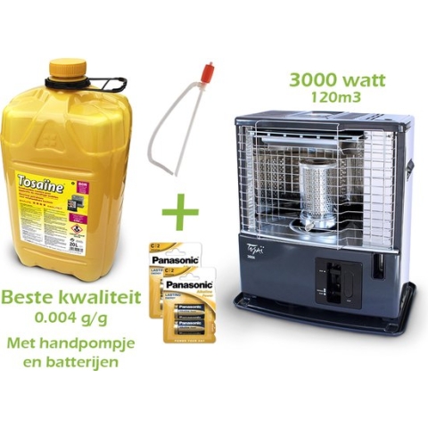 Petroleumkachel TOSAI 360 SET + Tosaïne met 20 liter Kristal Petroleum - Kouskachel - 3.0 kW 120 m³ - optimale set met handpompje en inclusief batterijen - noodpakket