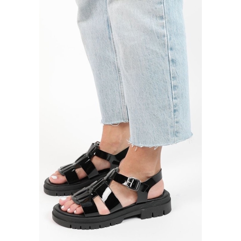 Sacha - Dames - Zwarte leren chunky sandalen - Maat 41