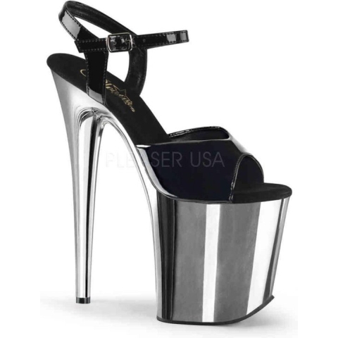 Pleaser Sandaal met enkelband, Paaldans schoenen -36 Shoes- FLAMINGO-809 Paaldans schoenen Zwart/Chroomkleurig