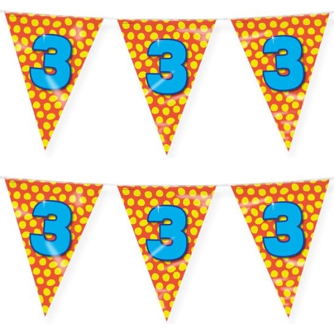 Paperdreams verjaardag 3 jaar thema vlaggetjes - 2x - feestversiering - 10m - folie - dubbelzijdig