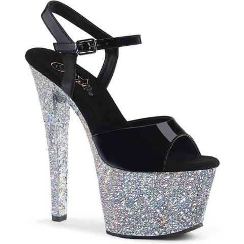 Pleaser Sandaal met enkelband, Paaldans schoenen -36 Shoes- SKY-309LG Paaldans schoenen Zwart/Zilverkleurig