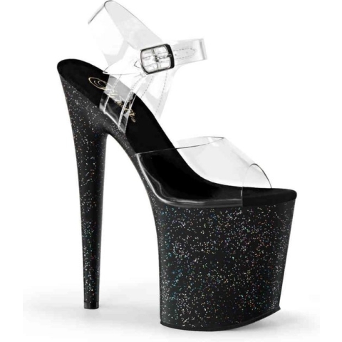 Pleaser Sandaal met enkelband, Paaldans schoenen -39 Shoes- FLAMINGO-808MG Paaldans schoenen Zwart/Transparant