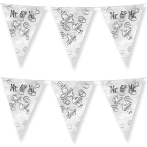 Paperdreams Vlaggenlijn -  3 st - Mr. & Mr. huwelijks feest/party - zilver/wit -10m