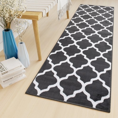 Tapiso Luxury Tapijtloper Grijs Donker Marokkaanse Trellis Gang Woonkamer Vloerkleed Maat- 90x300