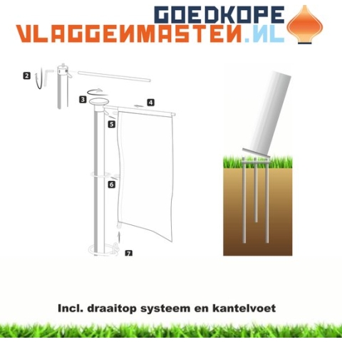Vlaggenmast draaitop systeem met banieruithouder, 8 meter aluminium cilindrisch 85 mm wit gecoat compleet knop, geleidingsringen, contragewicht en kantelvoet - 8508W3C
