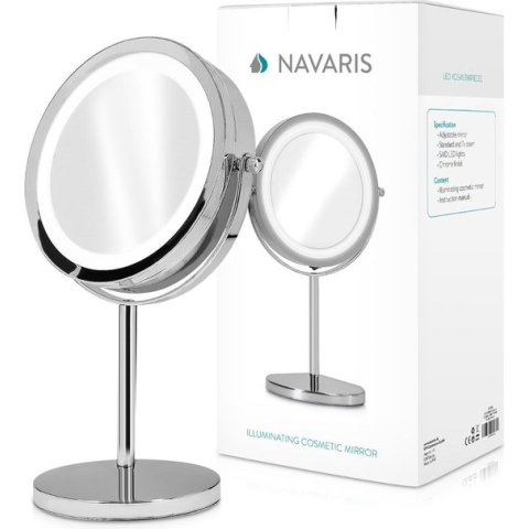 Navaris ronde spiegel met verlichting - Make-up spiegel met LED-verlichting - Dubbelzijdig - 7x vergroting - 360° draaibaar - Diameter 17cm - Zilver