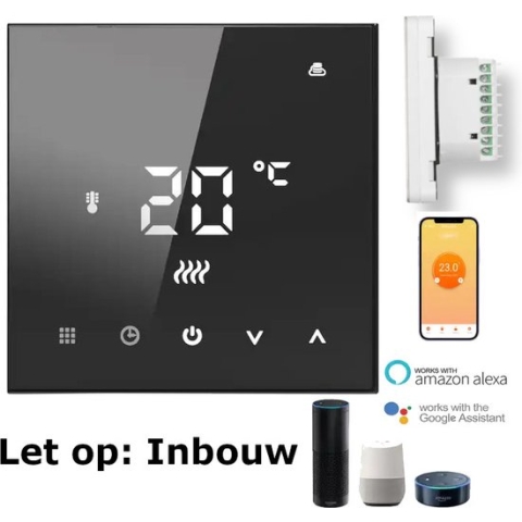 Slimme Inbouw WiFi Thermostaat | C.V. Installatie | Boiler | Vierkant | Zwart | 3amp | 4-Draads | 90-240v