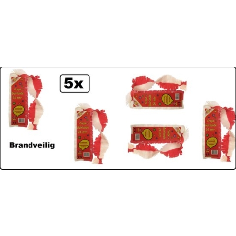 5x Crepe guirlande brandveilig rood/wit 24meter - Carnaval Brabant festival thema feest versiering