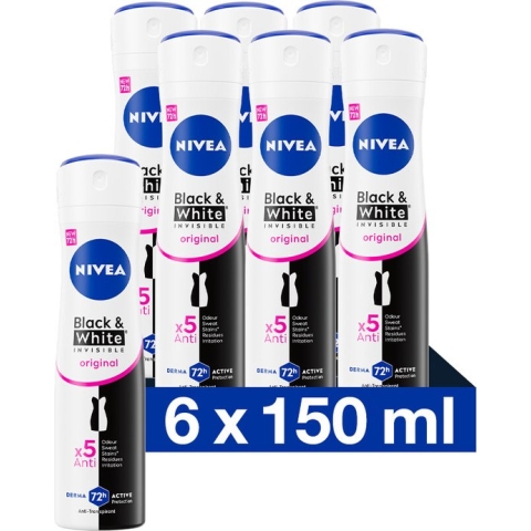 NIVEA Invisible For Black & White Clear - Deodorant Spray - 6 x 150 ml - Voordeelverpakking