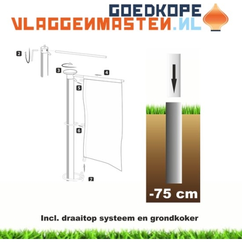 Vlaggenmast draaitop systeem met banieruithouder, 7 meter aluminium cilindrisch 75 mm wit gecoat compleet knop, geleidingsringen, contragewicht en grondkoker - 7507w3a