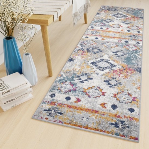 Tapiso Lazur Tapijt Loper Grijs Boho Woonkamer Hal Vloerkleed Maat- 70x100
