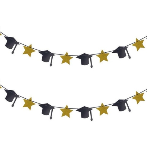 Funny Fashion feestslinger geslaagd thema - 2x - zwart/goud - karton - 3 meter - examenfeest versiering