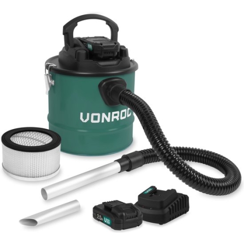 VONROC Accu aszuiger VPower 20V – 12L reservoir – HEPA-filter - Incl. 2x 2.0Ah accu en snellader