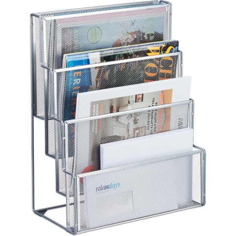 Relaxdays tijdschriftenrek - staal - magazinehouder - 4 vakken - bureau - folderhouder - zilver