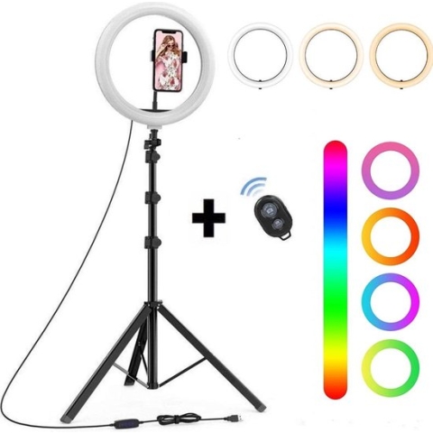 Magnify® 10" Ringlamp met Statief - 186cm Hoog - 2 Telefoonhouders - Bluetooth Shutter - TikTok - 99+ Kleuren - Inclusief Mini Tripod