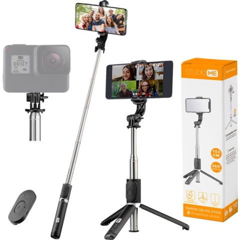 Studio ME - Selfiestick Universeel - Tripod - Geschikt voor Telefoon & Action Camera - 100 cm - Selfie Stick - 360° Rotatie - Bluetooth Afstandsbediening - Telefoonhouder