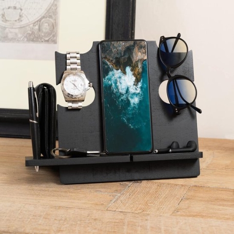organizer cadeau voor heren, origineel, nuttig, telefoonhouder, hout, cadeau voor Valentijnsdag, heren, geschenken, geschenken, vader, houten dockingstation, cadeau verjaardag, man