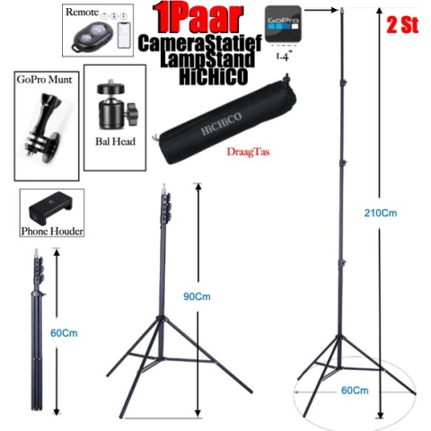 HiCHiCO Lampstatief 60-210 cm Incl. DraagTas Bluetooth Afstandsbediening, GoPro Adapter, Mini Hoofd Bal en Tel-Houder ( 2 St)