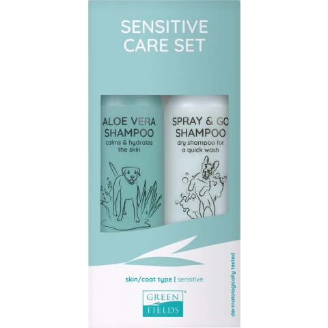 Vacht Verzorgingsset voor Honden met Gevoelige Huid - Greenfields - Krachtige Aloe Vera Shampoo en Spray&Go DroogShampoo 250ML