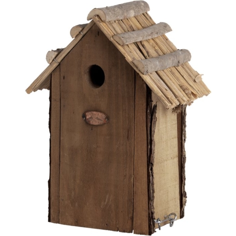 Houten koolmees nestkast met rieten dak.
