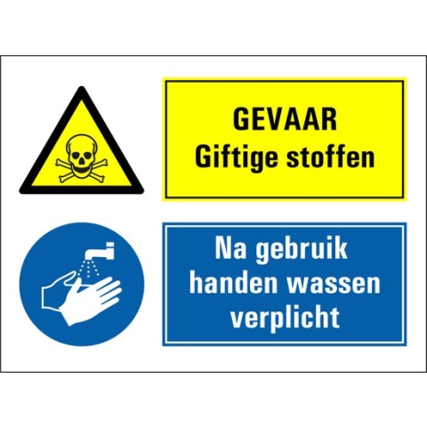 Gevaar giftige stoffen, na gebruik handen wassen verplicht bord 600 x 450 mm - dibond met boorgaten
