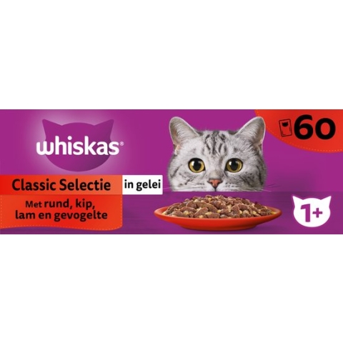 Whiskas 1+ - Classic - Kattenvoer Natvoer - Selectie in gelei - maaltijdzakjes 60 x 85 g