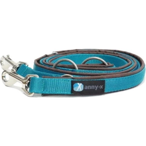 AnnyX verstelbare Hondenriem - FUN - Turquoise/Bruin - Lengte 3 meter - 2,5cm breed - politielijn - Trainingslijn - My K9 - Voor middelgrote tot grote (sterke) honden