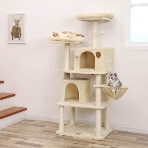 Stabiele Krabpaal Met Sisal Krabstaven, Pluche Zitkuilen, Een Mand En 2 Huisjes, Klimboom Voor Katten, Beige