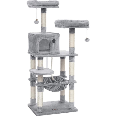 FEANDREA krabpaal 143 cm, stabiele krabpaal met kattenhuis, lichtgrijs PCT15W