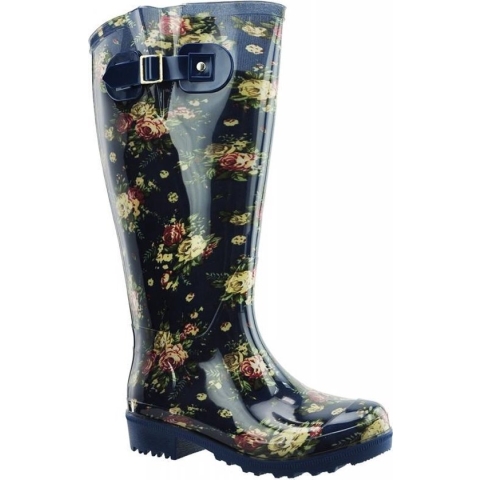 Regenlaars Blauw Flowers WIDE WELLIES Kuitomvang 50 cm cm XXL maat 43