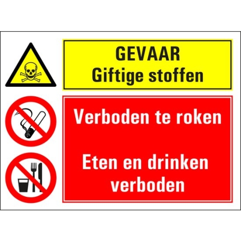 Gevaar giftige stoffen, roken eten en drinken verboden bord 600 x 450 mm - dibond met boorgaten