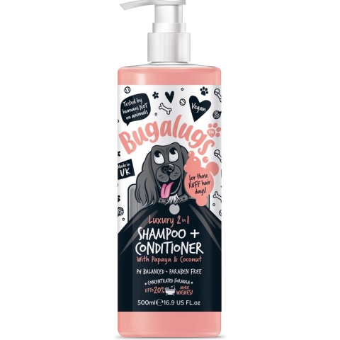 Bugalugs - 2-in-1 Hondenshampoo en conditioner - Papaya & Coconut - Alle vachttypes - Fles met pompje - Vegan - 500 ml